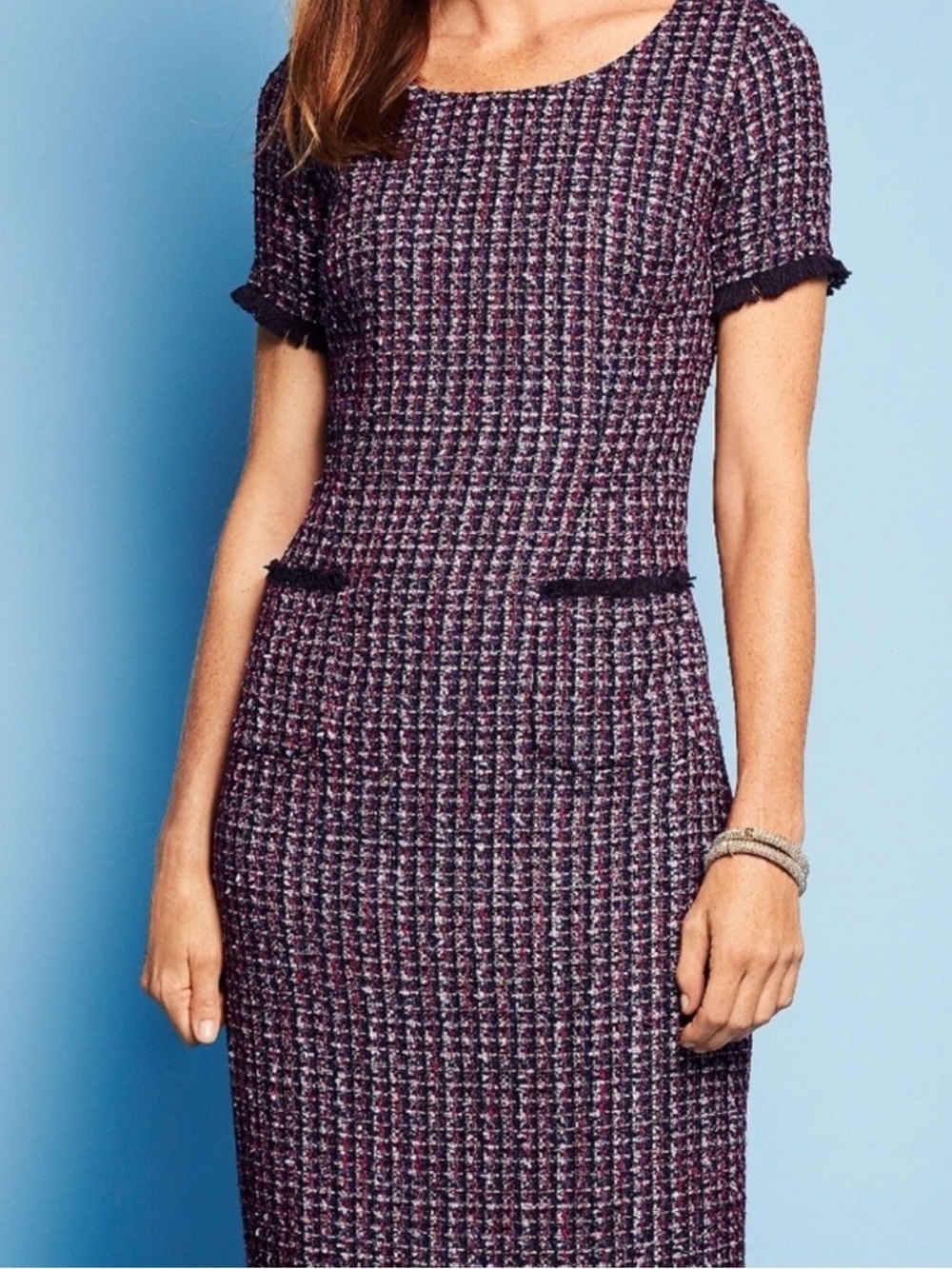 Talbots Tweed Sheath Dress Fringe Trim Blue Red Size 6 Winter Office Dress